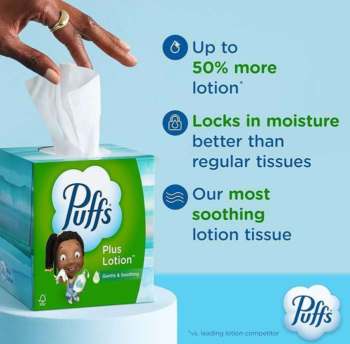 Puffs Facial Tissues Plus Lotion, 4 Mega Cube Boxes, 72 Facial Tissues per Box, Allergies and Colds (Packaging May Vary) - Image 2