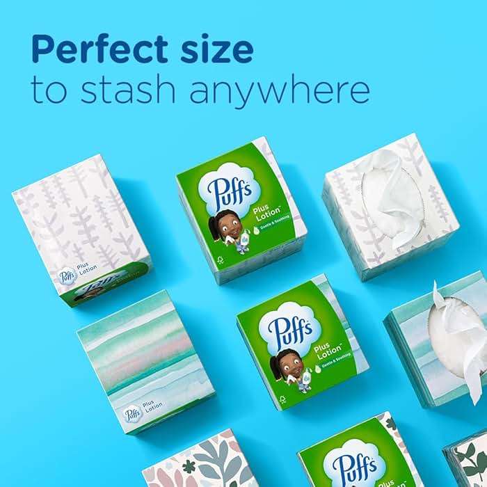 Puffs Facial Tissues Plus Lotion, 4 Mega Cube Boxes, 72 Facial Tissues per Box, Allergies and Colds (Packaging May Vary) - Image 7