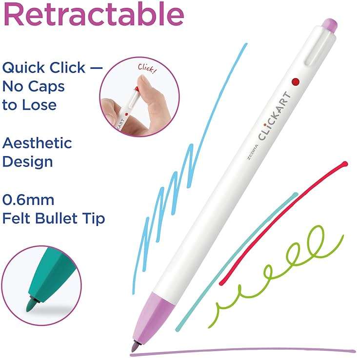 Zebra Pen CLiCKART Retractable Felt Tip Pen, Assorted Ink Colors, 0.6mm Fine Point, Moisture Absorbing to Prevent Drying Out, No Bleed, Ideal for Journaling, Drawing and Writing, 24-Pack (69824) - Image 2