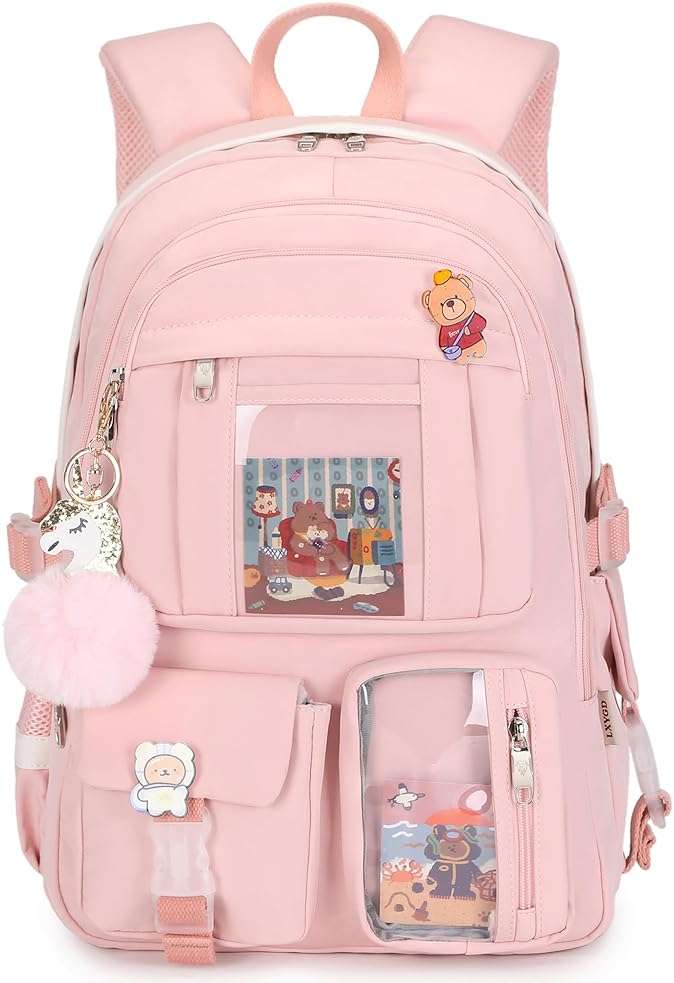 Backpack for Girls with Accessories Laptop Bookbags 16 Inch Kawaii Kids Elementary Middle High School Bag College Travel Daypack Gifts for Teens Women Students (Pink) - Image 1