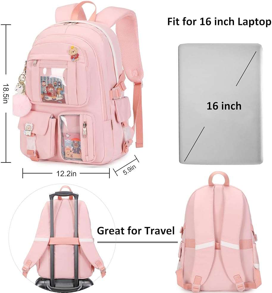 Backpack for Girls with Accessories Laptop Bookbags 16 Inch Kawaii Kids Elementary Middle High School Bag College Travel Daypack Gifts for Teens Women Students (Pink) - Image 3