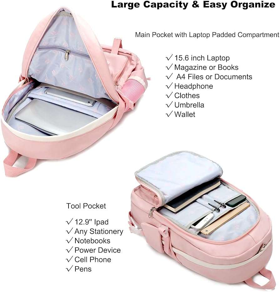 Backpack for Girls with Accessories Laptop Bookbags 16 Inch Kawaii Kids Elementary Middle High School Bag College Travel Daypack Gifts for Teens Women Students (Pink) - Image 4