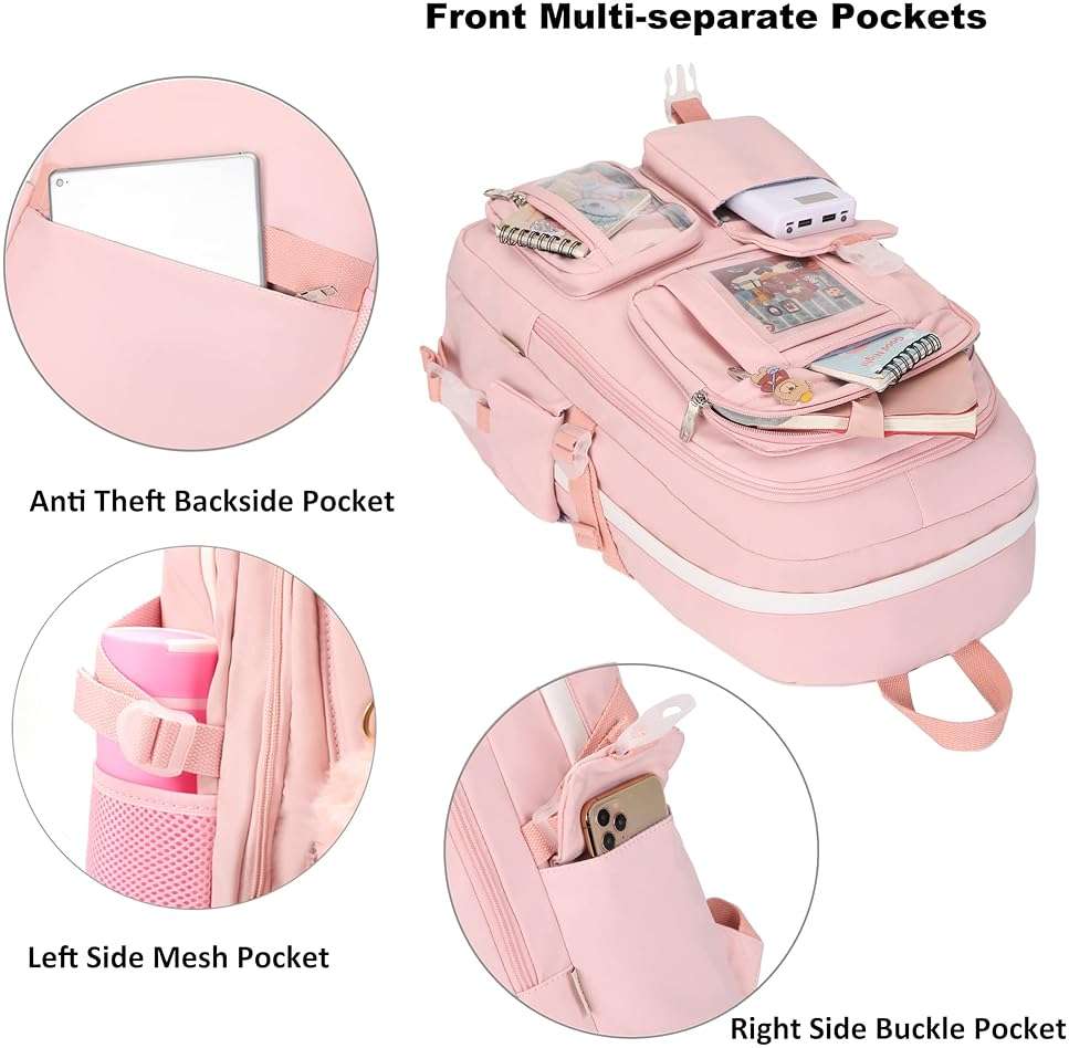 Backpack for Girls with Accessories Laptop Bookbags 16 Inch Kawaii Kids Elementary Middle High School Bag College Travel Daypack Gifts for Teens Women Students (Pink) - Image 5