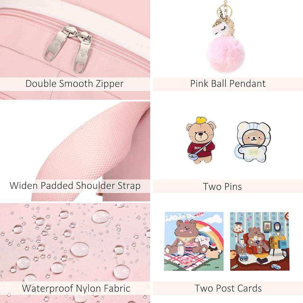 Backpack for Girls with Accessories Laptop Bookbags 16 Inch Kawaii Kids Elementary Middle High School Bag College Travel Daypack Gifts for Teens Women Students (Pink) - Image 6