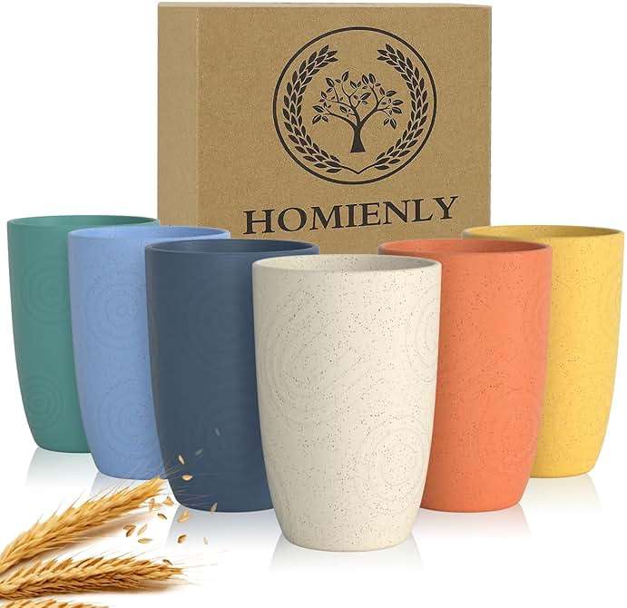 Homienly Plastic Cups Alternatives Unbreakable Drinking Glasses Wheat Straw Cup Sets for Kitchen Camping Party RV Stackable Water Tumblers Dishwasher Freezer & Microwave Safe 6 PCS (12OZ, Multi) - Image 1
