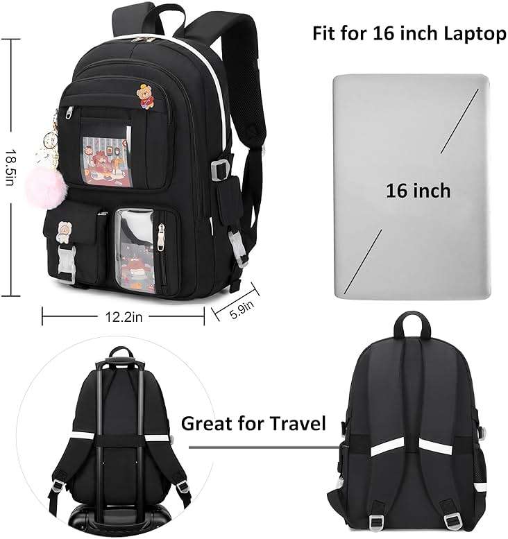 Backpack for Girls with Accessories Laptop Bookbags 16 Inch Kawaii Kids Elementary Middle High School Bag College Travel Daypack Gifts for Teens Women Students (Black) - Image 3