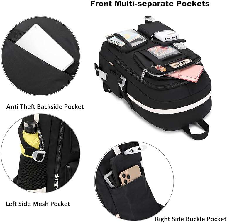 Backpack for Girls with Accessories Laptop Bookbags 16 Inch Kawaii Kids Elementary Middle High School Bag College Travel Daypack Gifts for Teens Women Students (Black) - Image 5