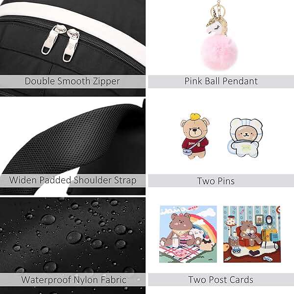 Backpack for Girls with Accessories Laptop Bookbags 16 Inch Kawaii Kids Elementary Middle High School Bag College Travel Daypack Gifts for Teens Women Students (Black) - Image 6