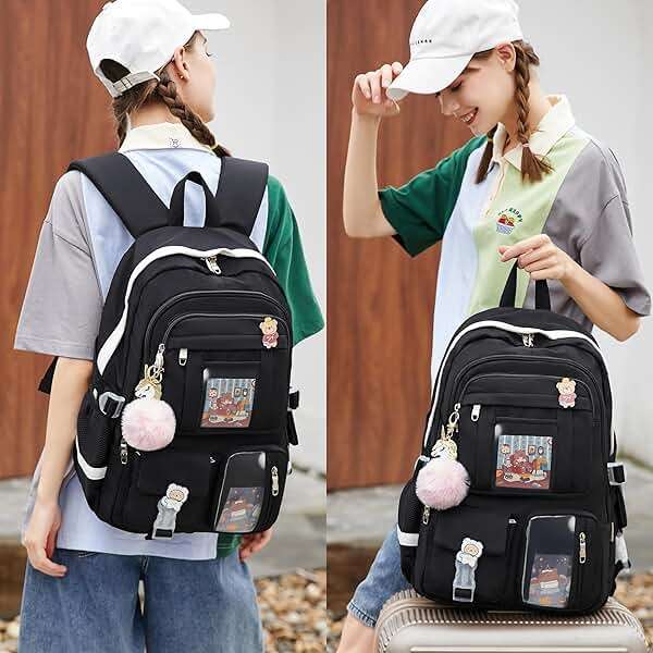 Backpack for Girls with Accessories Laptop Bookbags 16 Inch Kawaii Kids Elementary Middle High School Bag College Travel Daypack Gifts for Teens Women Students (Black) - Image 7