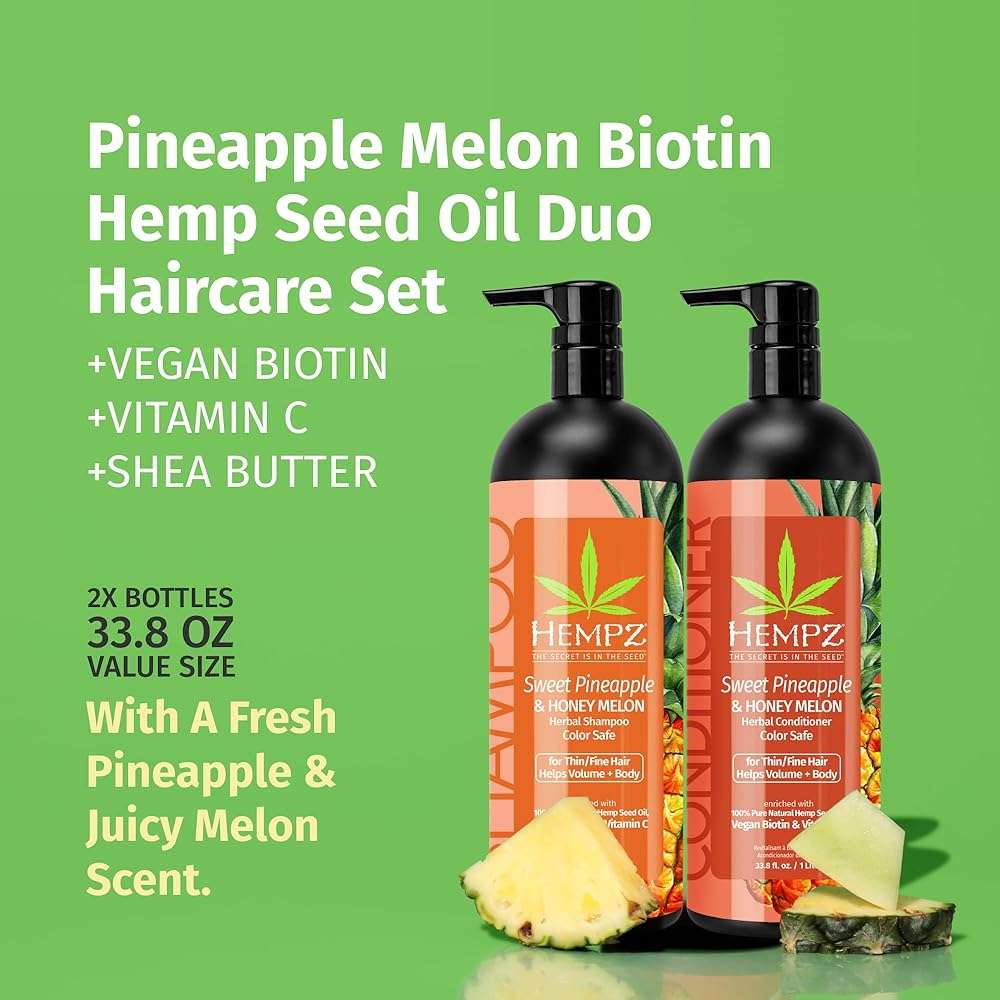 HEMPZ Hair Shampoo & Conditioner Set - Sweet Pineapple & Honey Melon Scent for Thin/Fine Dry, Damaged and Color Treated Hair, Hydrating, Softening, Moisturizing with Biotin Duo Set - 33.8 fl oz - Image 2