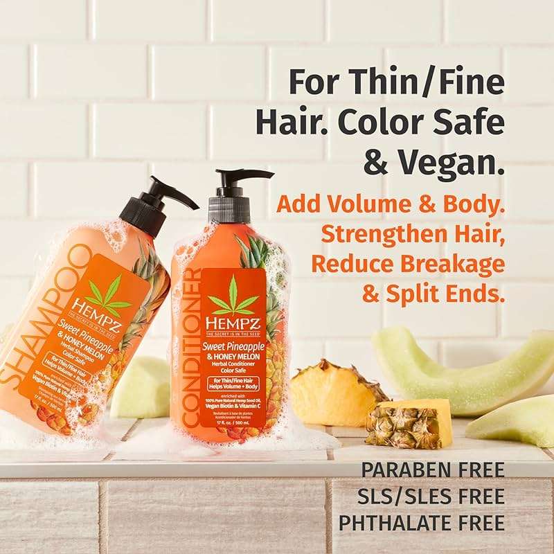 HEMPZ Hair Shampoo & Conditioner Set - Sweet Pineapple & Honey Melon Scent for Thin/Fine Dry, Damaged and Color Treated Hair, Hydrating, Softening, Moisturizing with Biotin Duo Set - 33.8 fl oz - Image 3