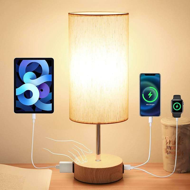 Yarra-Decor Bedside Lamp with USB A+C Charging Ports & AC Outlet Touch Control Table Lamp for Bedroom 3 Way Dimmable Nightstand Lamp with Fabric Shade for Home Office, Dorm(Bulb Included) - Image 1