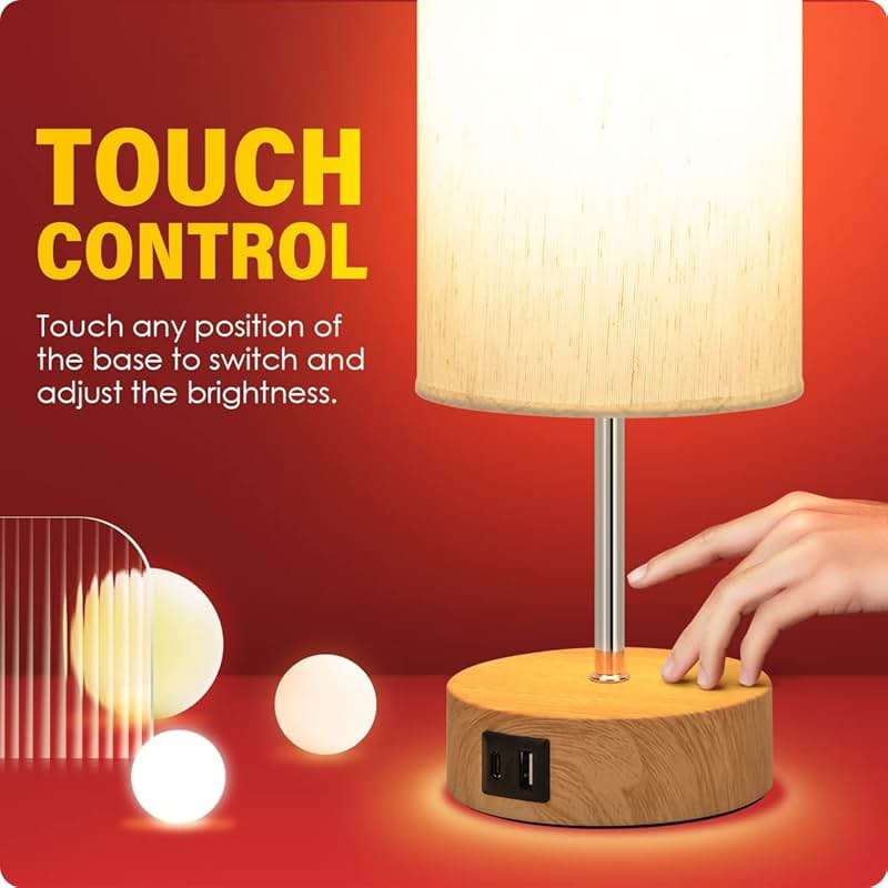 Yarra-Decor Bedside Lamp with USB A+C Charging Ports & AC Outlet Touch Control Table Lamp for Bedroom 3 Way Dimmable Nightstand Lamp with Fabric Shade for Home Office, Dorm(Bulb Included) - Image 5
