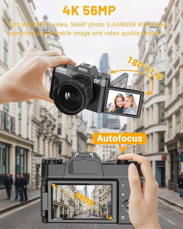 2026 Upgrade VJIANGER Digital Camera for Photography Vlogging Camera for YouTube with WiFi, 180° Flip Screen, 16X Digital Zoom, 52mm Lens, 2 Batteries, 32GB Micro SD Card(Black) - Image 3