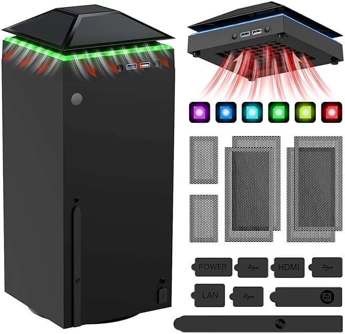MENEEA Cooling Fan Dust Proof for Xbox Series X Console with Colorful Light Strip,Dust Cover Filter,Rubber Dust Plugs,Low Noise Top Fan with 3 Gears,Cooler&Light Independent Touch Switch, 2 USB Port - Image 1