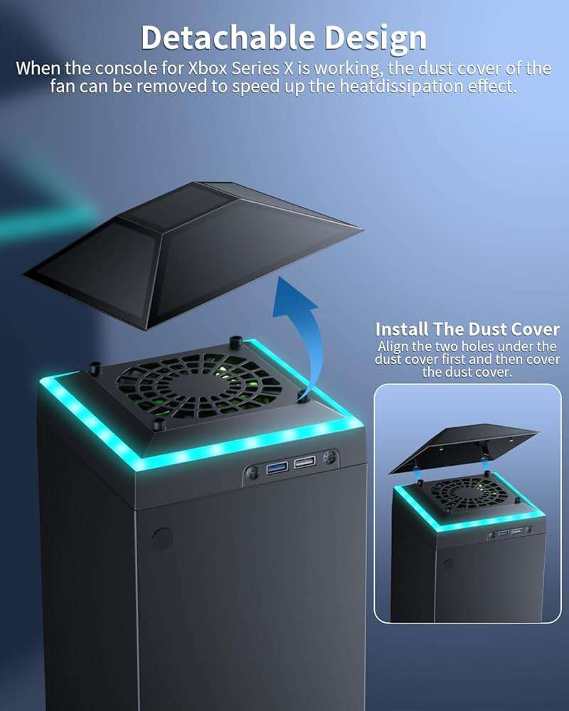 MENEEA Cooling Fan Dust Proof for Xbox Series X Console with Colorful Light Strip,Dust Cover Filter,Rubber Dust Plugs,Low Noise Top Fan with 3 Gears,Cooler&Light Independent Touch Switch, 2 USB Port - Image 6