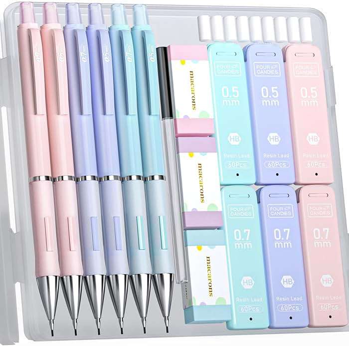 Four Candies 6PCS Cute Mechanical Pencil Set, 0.5mm & 0.7mm with 360PCS Lead Refills, Pastel Erasers & Case, Clean Girl Preppy School Supplies for College Standardized Tests and Schoolwork - Image 1