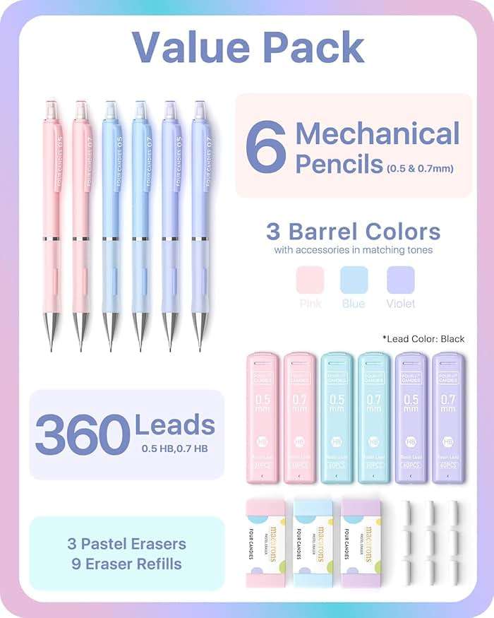 Four Candies 6PCS Cute Mechanical Pencil Set, 0.5mm & 0.7mm with 360PCS Lead Refills, Pastel Erasers & Case, Clean Girl Preppy School Supplies for College Standardized Tests and Schoolwork - Image 3