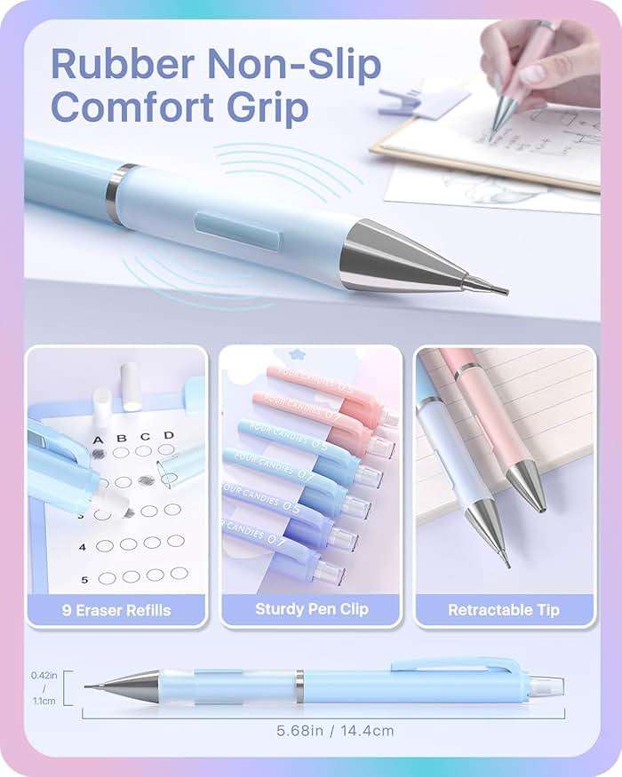 Four Candies 6PCS Cute Mechanical Pencil Set, 0.5mm & 0.7mm with 360PCS Lead Refills, Pastel Erasers & Case, Clean Girl Preppy School Supplies for College Standardized Tests and Schoolwork - Image 4