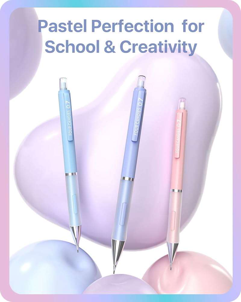 Four Candies 6PCS Cute Mechanical Pencil Set, 0.5mm & 0.7mm with 360PCS Lead Refills, Pastel Erasers & Case, Clean Girl Preppy School Supplies for College Standardized Tests and Schoolwork - Image 7