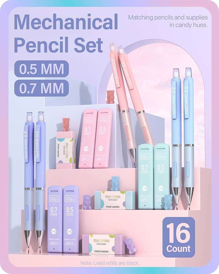 Four Candies 6PCS Cute Mechanical Pencil Set, 0.5mm & 0.7mm with 360PCS Lead Refills, Pastel Erasers & Case, Clean Girl Preppy School Supplies for College Standardized Tests and Schoolwork - Image 8
