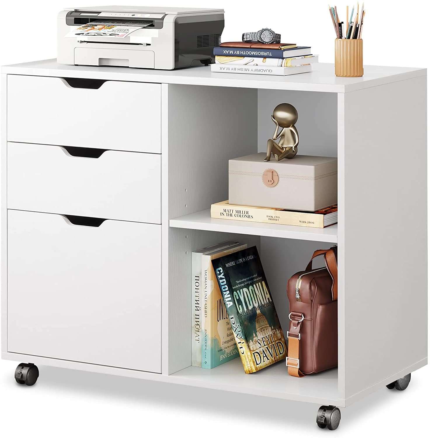 DEVAISE 3-Drawer Wood File Cabinet, Mobile Lateral Filing Cabinet, Printer Stand with Open Storage Shelves for Home Office, White - Image 1