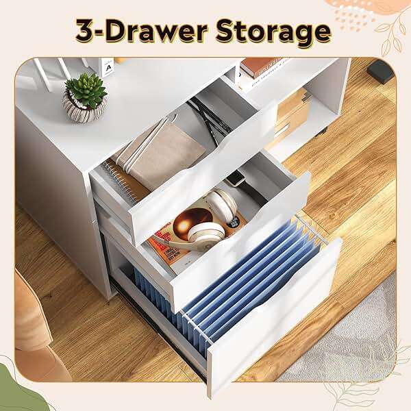 DEVAISE 3-Drawer Wood File Cabinet, Mobile Lateral Filing Cabinet, Printer Stand with Open Storage Shelves for Home Office, White - Image 4