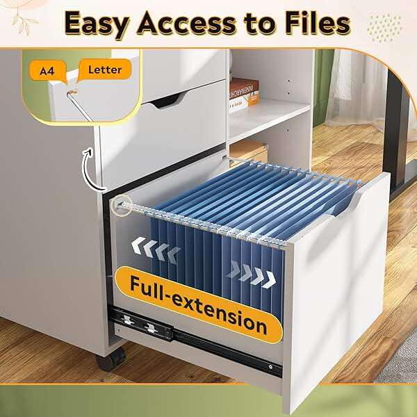 DEVAISE 3-Drawer Wood File Cabinet, Mobile Lateral Filing Cabinet, Printer Stand with Open Storage Shelves for Home Office, White - Image 5