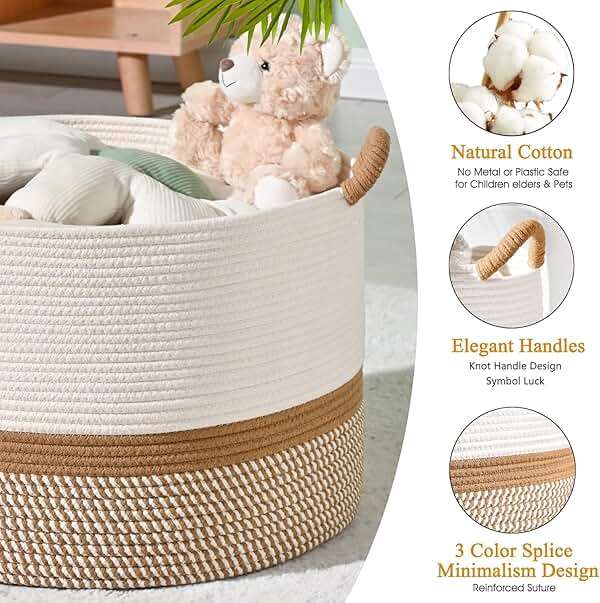 KAKAMAY Large Blanket Basket (20"x13"),Woven Baskets for storage Baby Laundry Hamper, Cotton Rope Blanket Basket for Living Room, Laundry, Nursery, Pillows, Baby Toy chest (White/Brown) - Image 5