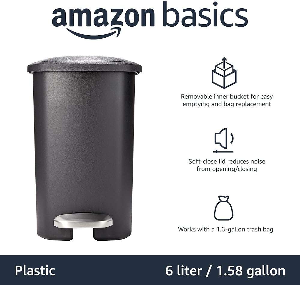 Amazon Basics Compact Plastic Bathroom Trash Can with Soft-Close Lid, Hands-Free Foot Pedal, Removable Inner Bucket, 6L / 1.6 Gallon, Black - Image 2