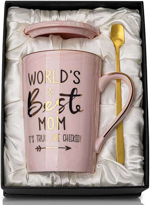 Mothers Day Birthday Gifts for Mom from Daughter Son - 14Oz Funny Best Mom Mug with Gold Print, Unique Pink Marble Coffee Cup with Lid Spoon Greeting Card, Happy Moms Gifts Idea, Luxury Gift Boxed Set - Image 1