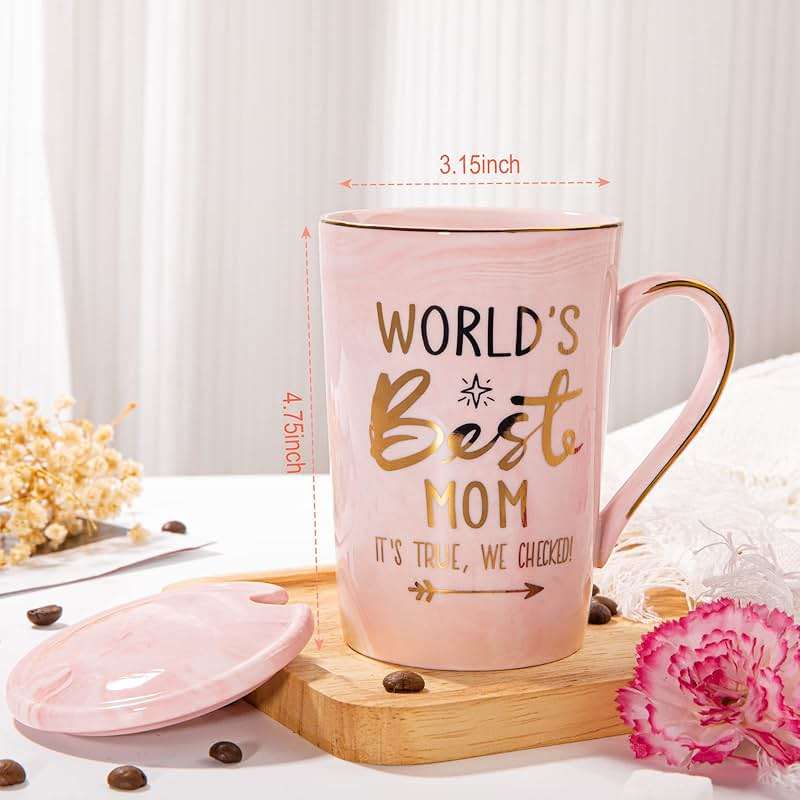 Mothers Day Birthday Gifts for Mom from Daughter Son - 14Oz Funny Best Mom Mug with Gold Print, Unique Pink Marble Coffee Cup with Lid Spoon Greeting Card, Happy Moms Gifts Idea, Luxury Gift Boxed Set - Image 2