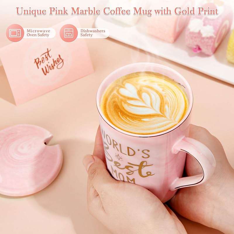 Mothers Day Birthday Gifts for Mom from Daughter Son - 14Oz Funny Best Mom Mug with Gold Print, Unique Pink Marble Coffee Cup with Lid Spoon Greeting Card, Happy Moms Gifts Idea, Luxury Gift Boxed Set - Image 3