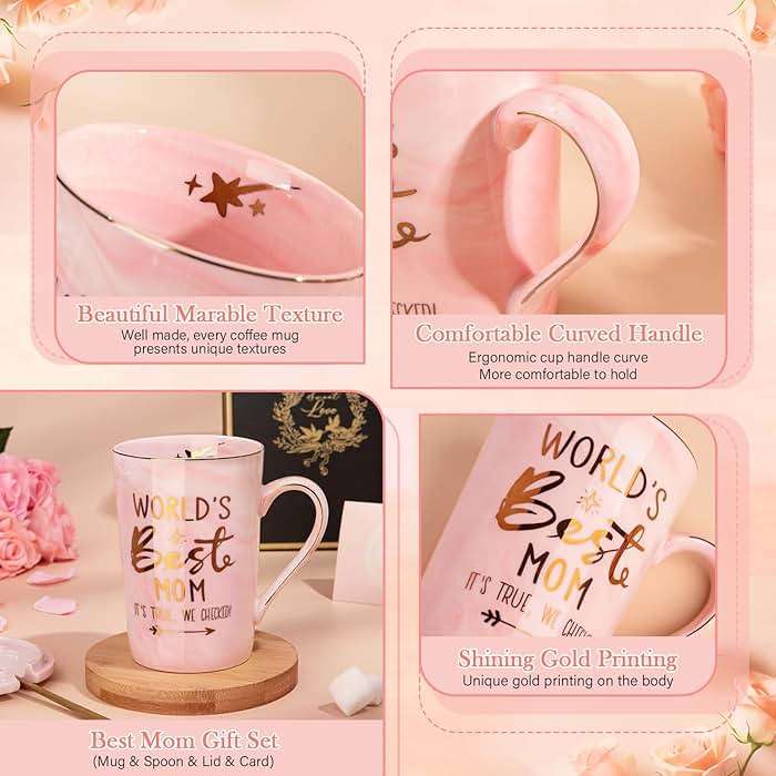 Mothers Day Birthday Gifts for Mom from Daughter Son - 14Oz Funny Best Mom Mug with Gold Print, Unique Pink Marble Coffee Cup with Lid Spoon Greeting Card, Happy Moms Gifts Idea, Luxury Gift Boxed Set - Image 4