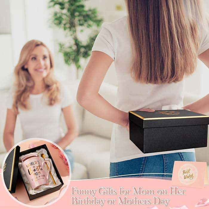 Mothers Day Birthday Gifts for Mom from Daughter Son - 14Oz Funny Best Mom Mug with Gold Print, Unique Pink Marble Coffee Cup with Lid Spoon Greeting Card, Happy Moms Gifts Idea, Luxury Gift Boxed Set - Image 6