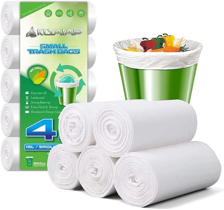 220 Counts Aklyaiap 4 Gallon Trash Bag,Tear & Leak Resistant Bathroom Biodegradable Small Garbage Can Bags Unscented for Home & Kitchen, 5Rolls, White - Image 1