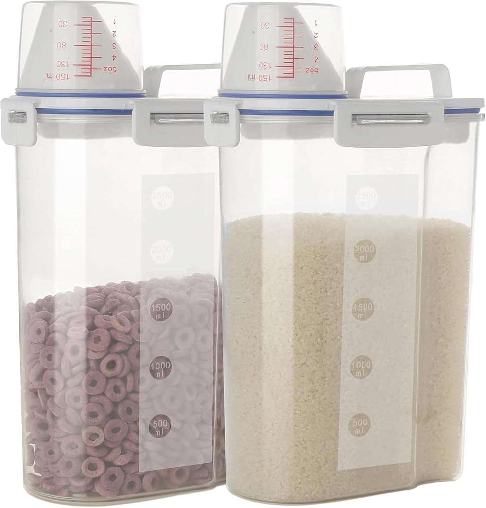 jioko 2 Pcs 5.5 LB Rice Storage Container, Airtight Cereal Flour Dispenser with Pouring Spout & Measuring Cup, Kitchen Plastic Clear Dry Food Storage Bin for Grain Oatmeal Snacks Pet Dog Food - Image 1