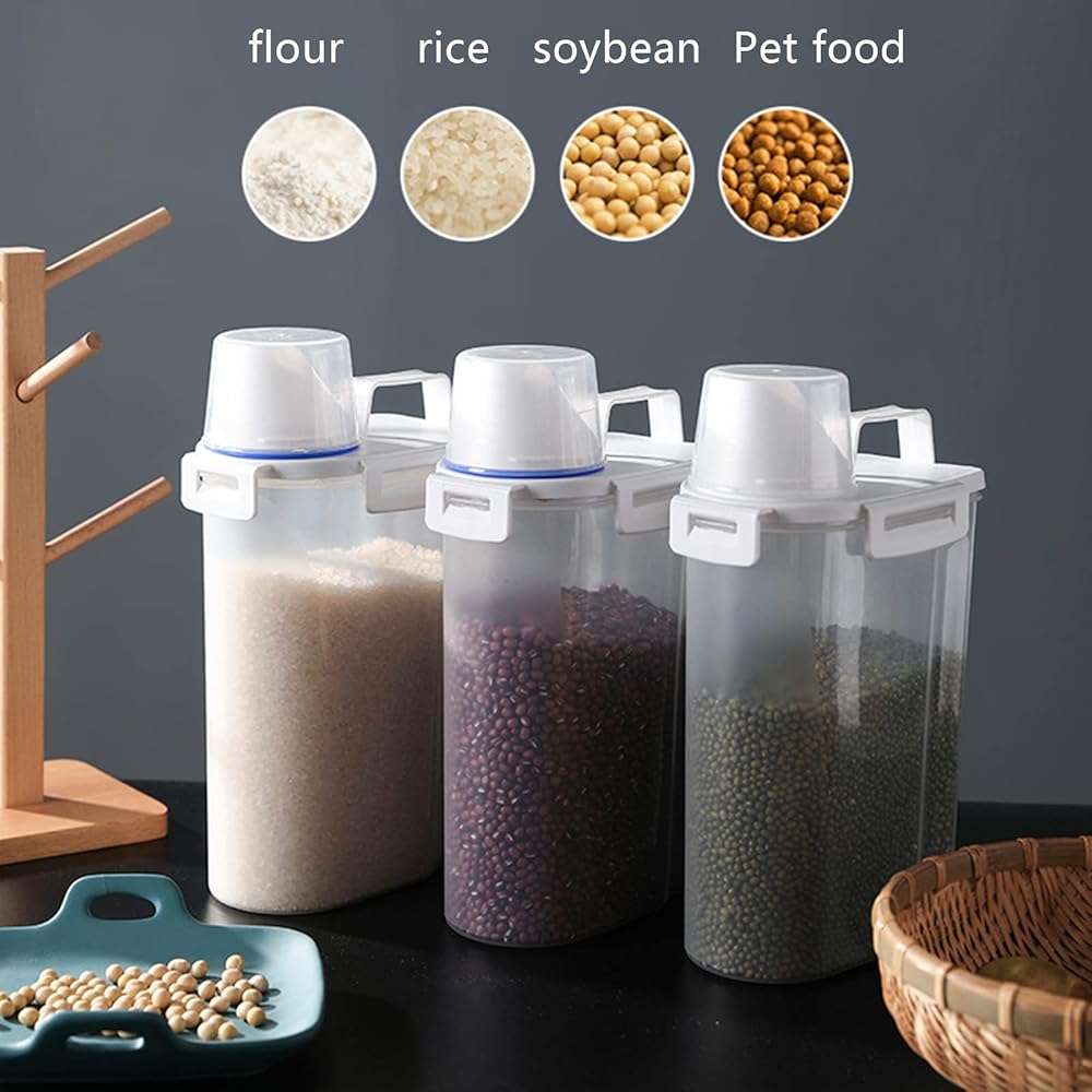 jioko 2 Pcs 5.5 LB Rice Storage Container, Airtight Cereal Flour Dispenser with Pouring Spout & Measuring Cup, Kitchen Plastic Clear Dry Food Storage Bin for Grain Oatmeal Snacks Pet Dog Food - Image 2