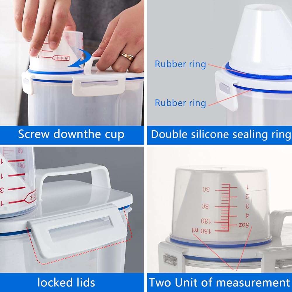 jioko 2 Pcs 5.5 LB Rice Storage Container, Airtight Cereal Flour Dispenser with Pouring Spout & Measuring Cup, Kitchen Plastic Clear Dry Food Storage Bin for Grain Oatmeal Snacks Pet Dog Food - Image 6
