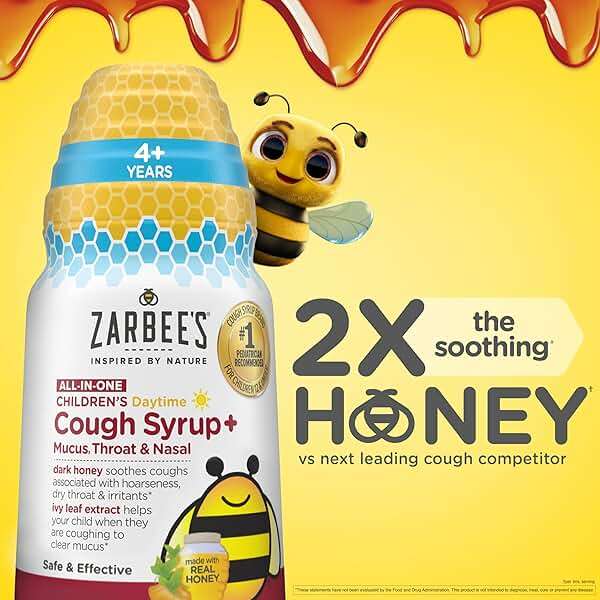 Zarbee's Children's Daytime All-in-One Honey Cough Syrup + Mucus, Throat & Nasal for Kids 6-12 + Dark Honey, Ivy Leaf Extract, Zinc Turmeric Root, & B-Vitamins, Drug-Free, Grape, 4 fl oz - Image 3