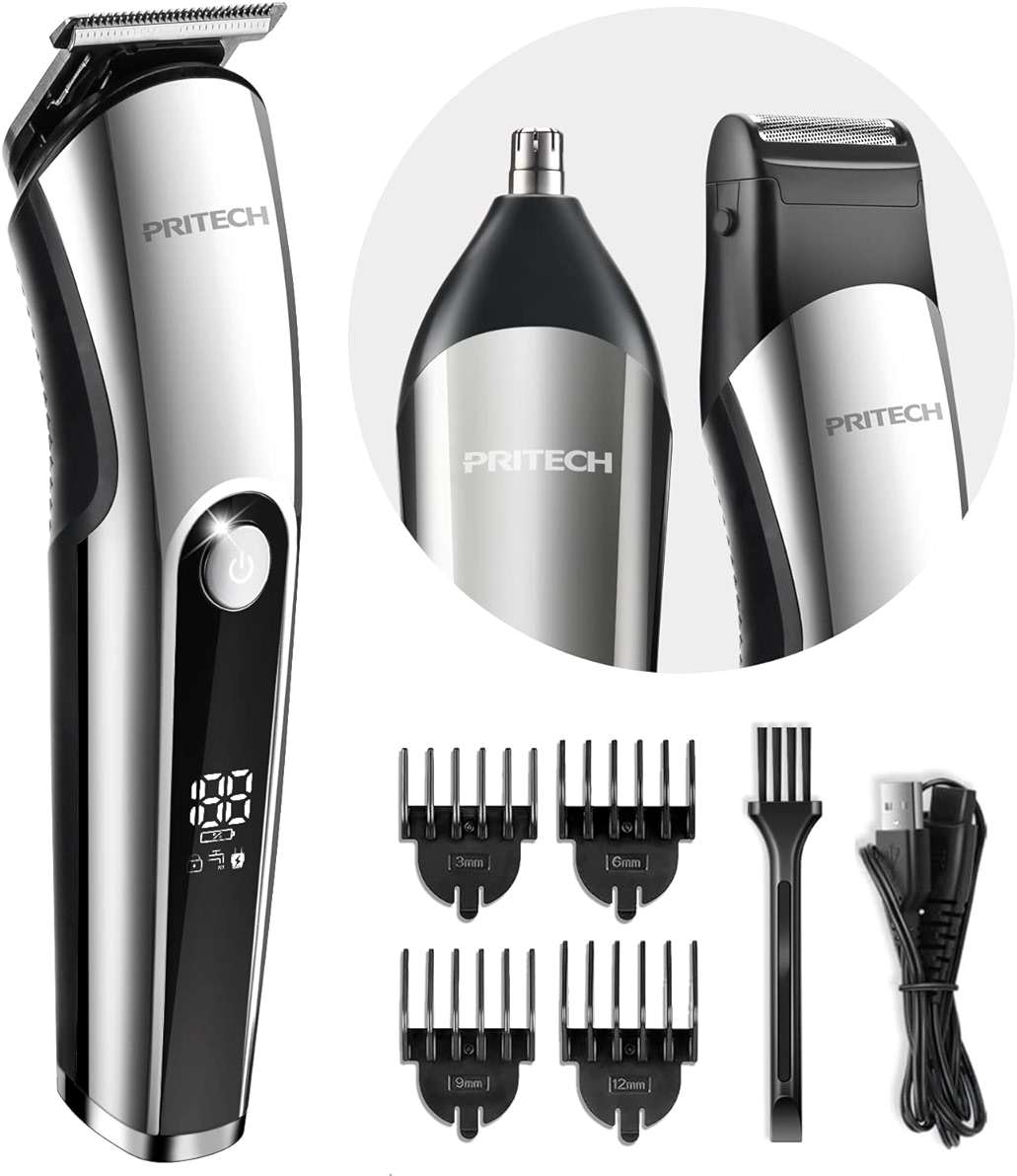 PRITECH Beard Trimmer for Men, 3 in 1 Hair Clippers for Men Kit, Nose,Ear,Micro Electric Shaver, Mens Grooming Set Cordless with LED Display IPX6 Waterproof (Silver) - Image 1