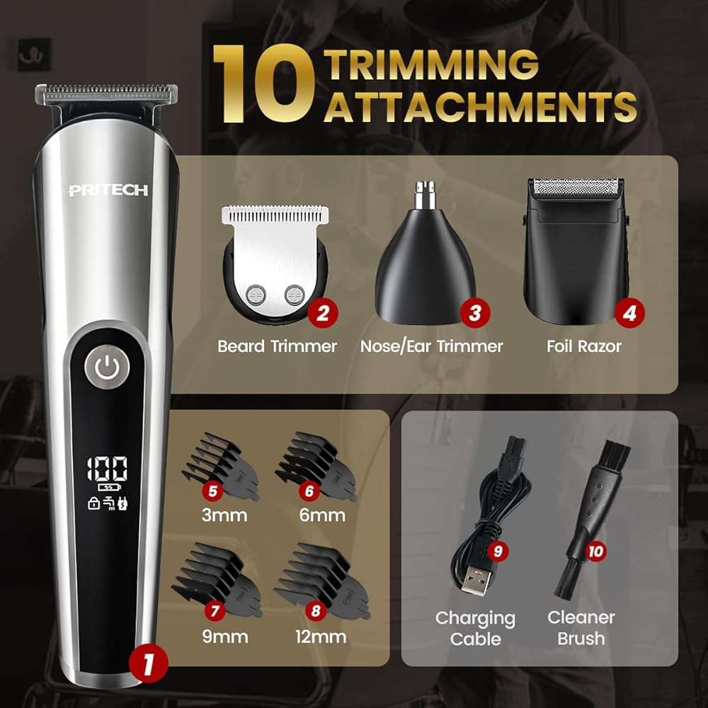 PRITECH Beard Trimmer for Men, 3 in 1 Hair Clippers for Men Kit, Nose,Ear,Micro Electric Shaver, Mens Grooming Set Cordless with LED Display IPX6 Waterproof (Silver) - Image 5