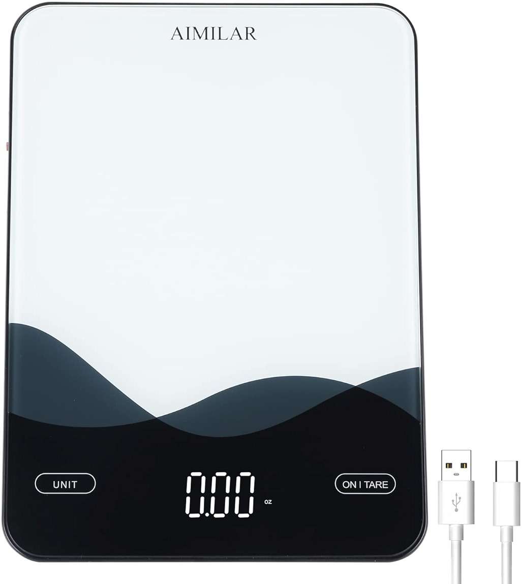 AIMILAR Digital Kitchen Scale 22lb/10kg USB-C Rechargeable, Tempered Glass Top Easy Clean, LED Touch Screen No Buttons, Auto Shut Off - Image 1