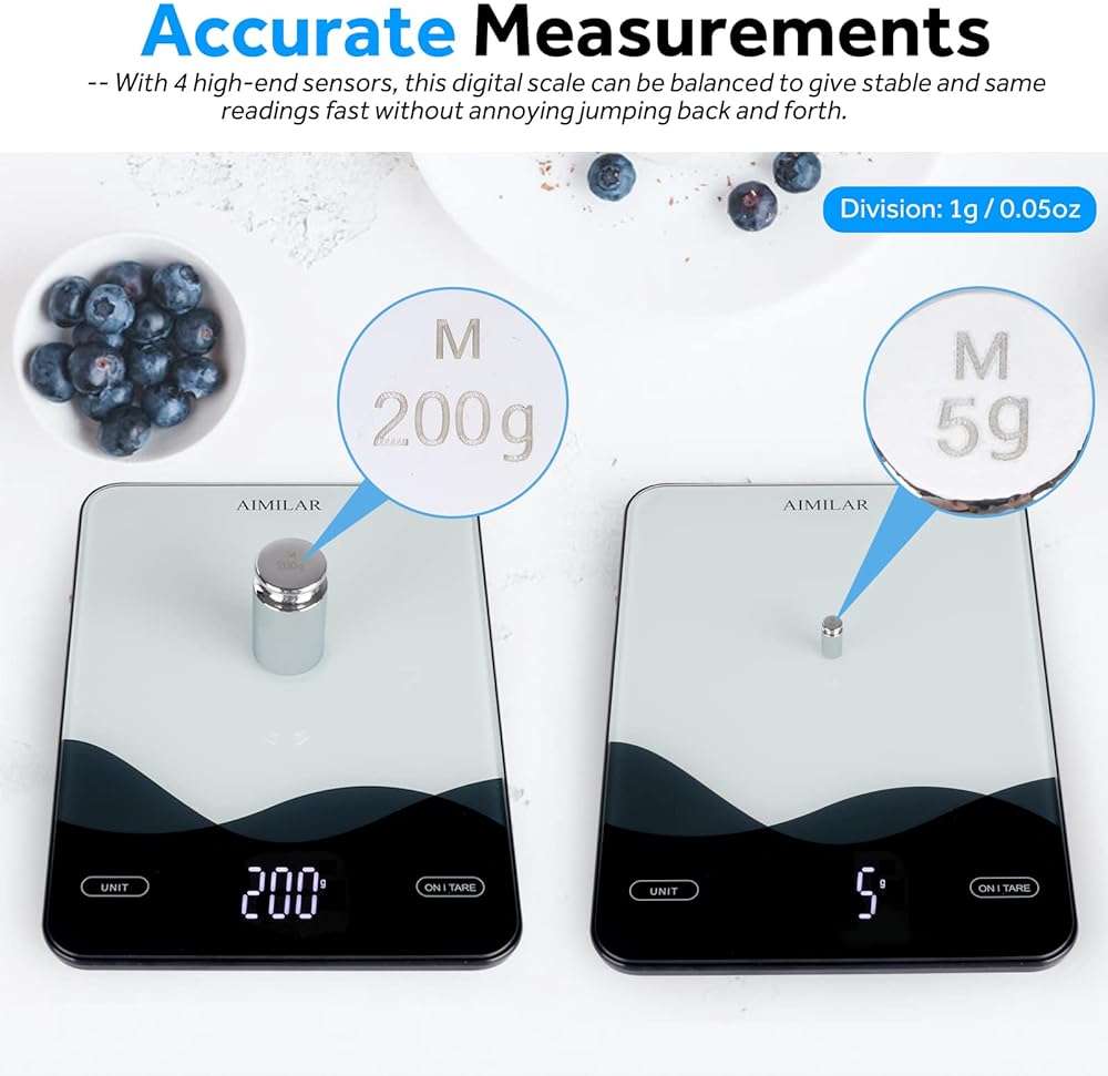 AIMILAR Digital Kitchen Scale 22lb/10kg USB-C Rechargeable, Tempered Glass Top Easy Clean, LED Touch Screen No Buttons, Auto Shut Off - Image 3
