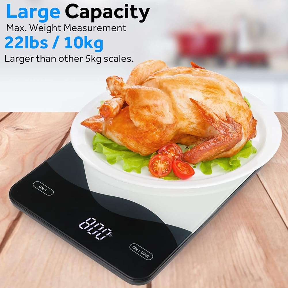 AIMILAR Digital Kitchen Scale 22lb/10kg USB-C Rechargeable, Tempered Glass Top Easy Clean, LED Touch Screen No Buttons, Auto Shut Off - Image 4