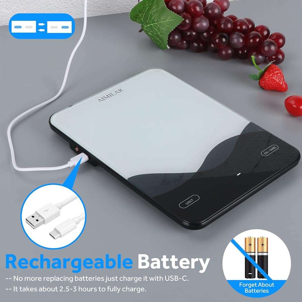 AIMILAR Digital Kitchen Scale 22lb/10kg USB-C Rechargeable, Tempered Glass Top Easy Clean, LED Touch Screen No Buttons, Auto Shut Off - Image 5