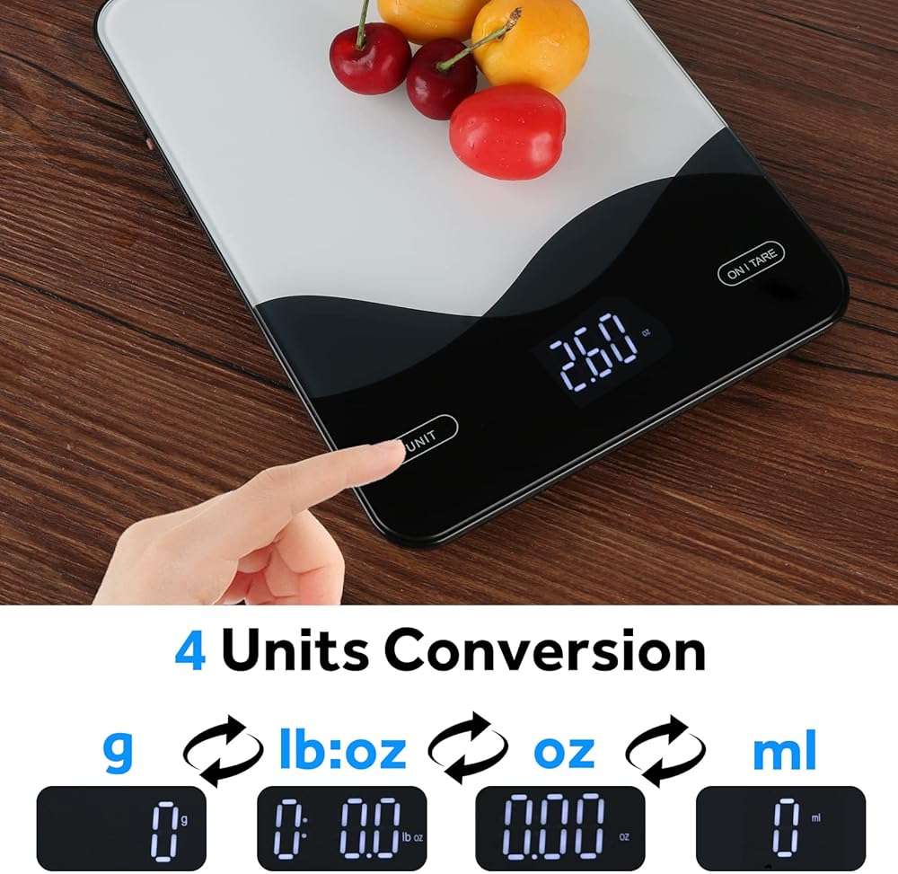 AIMILAR Digital Kitchen Scale 22lb/10kg USB-C Rechargeable, Tempered Glass Top Easy Clean, LED Touch Screen No Buttons, Auto Shut Off - Image 6