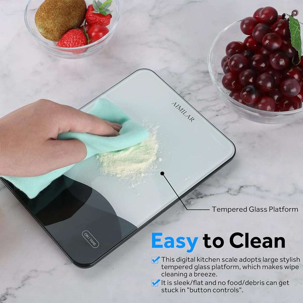 AIMILAR Digital Kitchen Scale 22lb/10kg USB-C Rechargeable, Tempered Glass Top Easy Clean, LED Touch Screen No Buttons, Auto Shut Off - Image 7