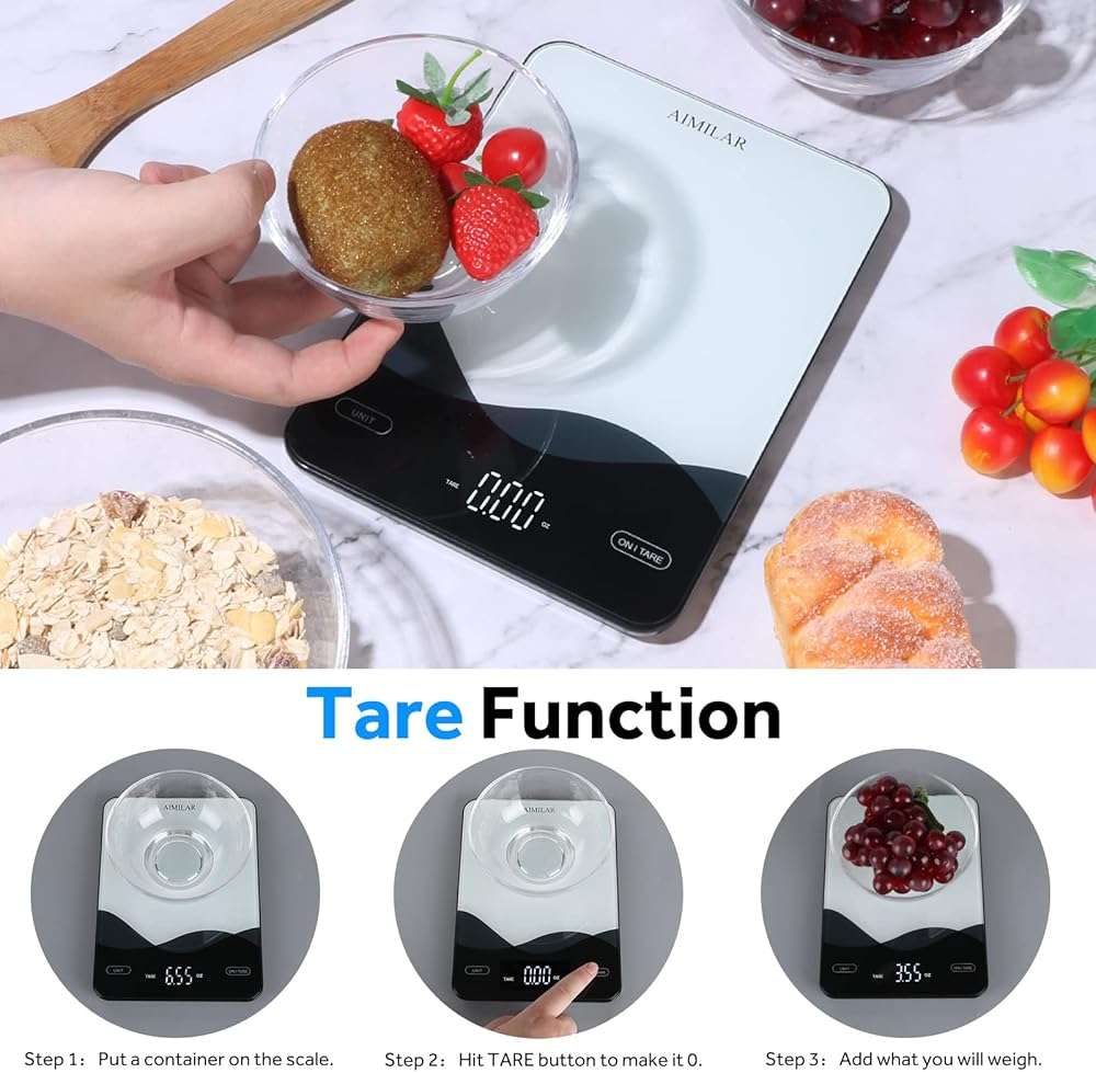 AIMILAR Digital Kitchen Scale 22lb/10kg USB-C Rechargeable, Tempered Glass Top Easy Clean, LED Touch Screen No Buttons, Auto Shut Off - Image 8