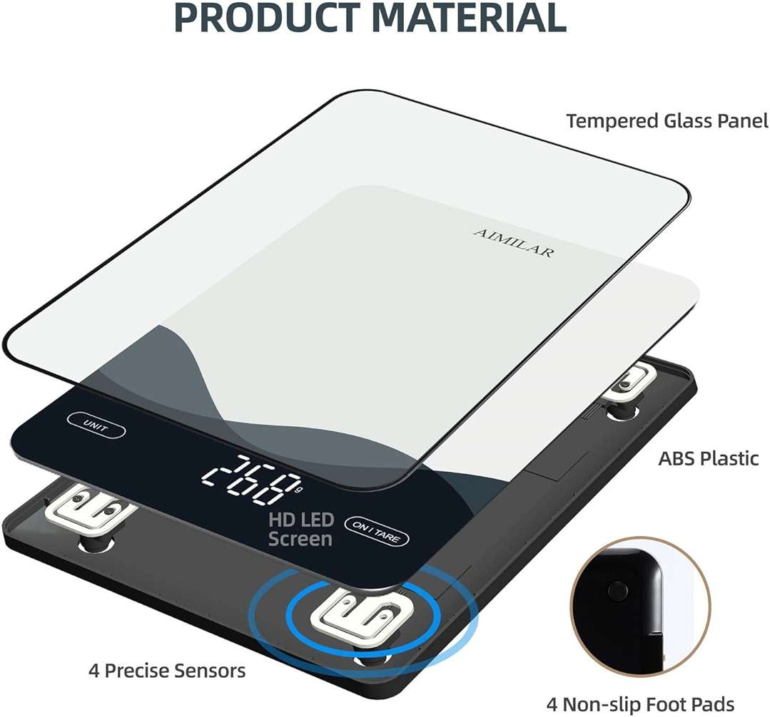 AIMILAR Digital Kitchen Scale 22lb/10kg USB-C Rechargeable, Tempered Glass Top Easy Clean, LED Touch Screen No Buttons, Auto Shut Off - Image 9